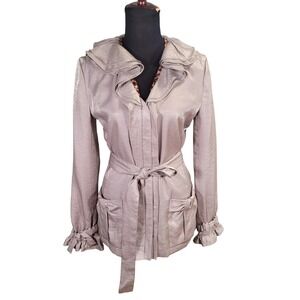 Vintage Y2K UBU Shimmer Ruffle Collar Jacket Leopard Lining Silver Travel M